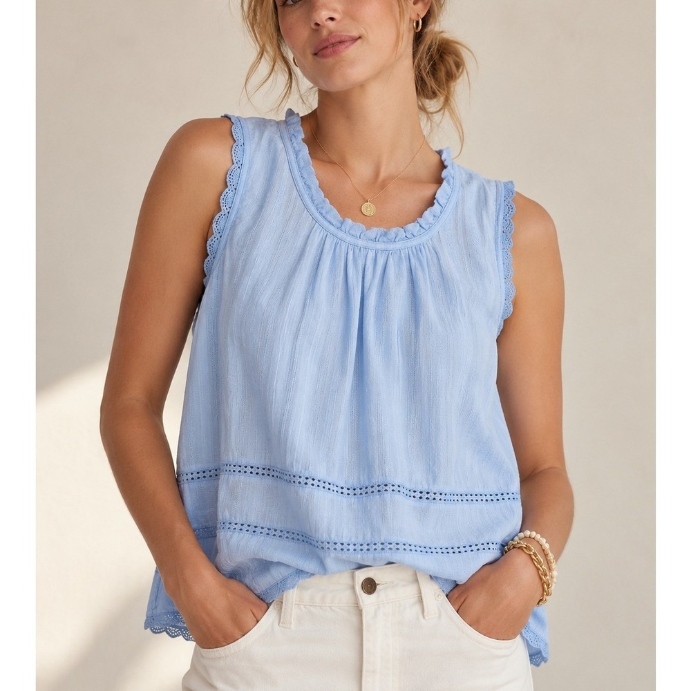Flowy Lace Inset Tank Top Cotton Blouse Med Blue Eyelet Ruffle Coastal Natural